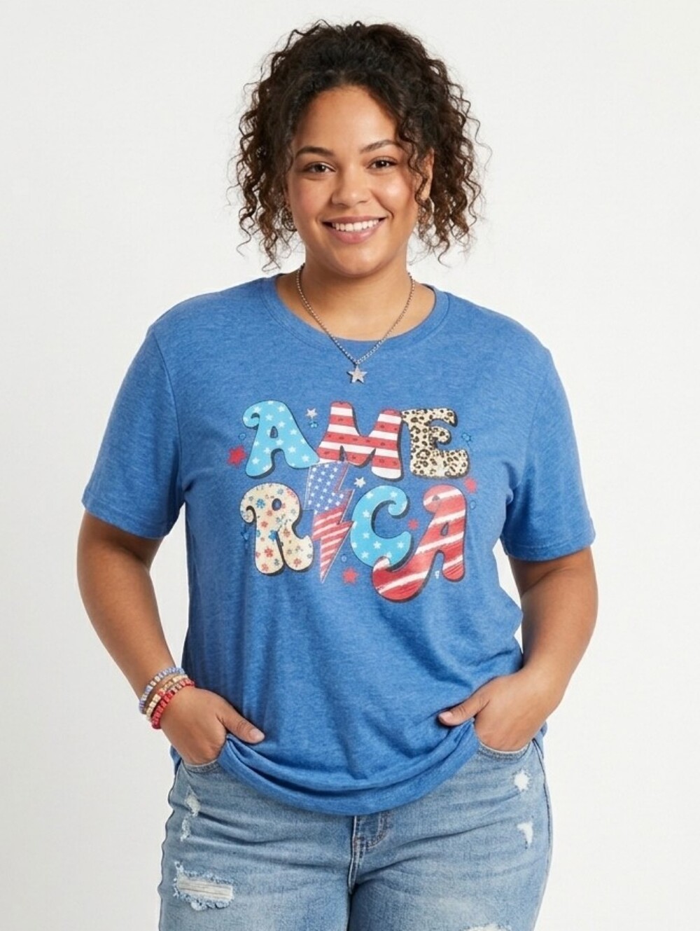Blue Patriotic America Lightning Bolt Leopard Print Short Sleeve Tee Size Large
